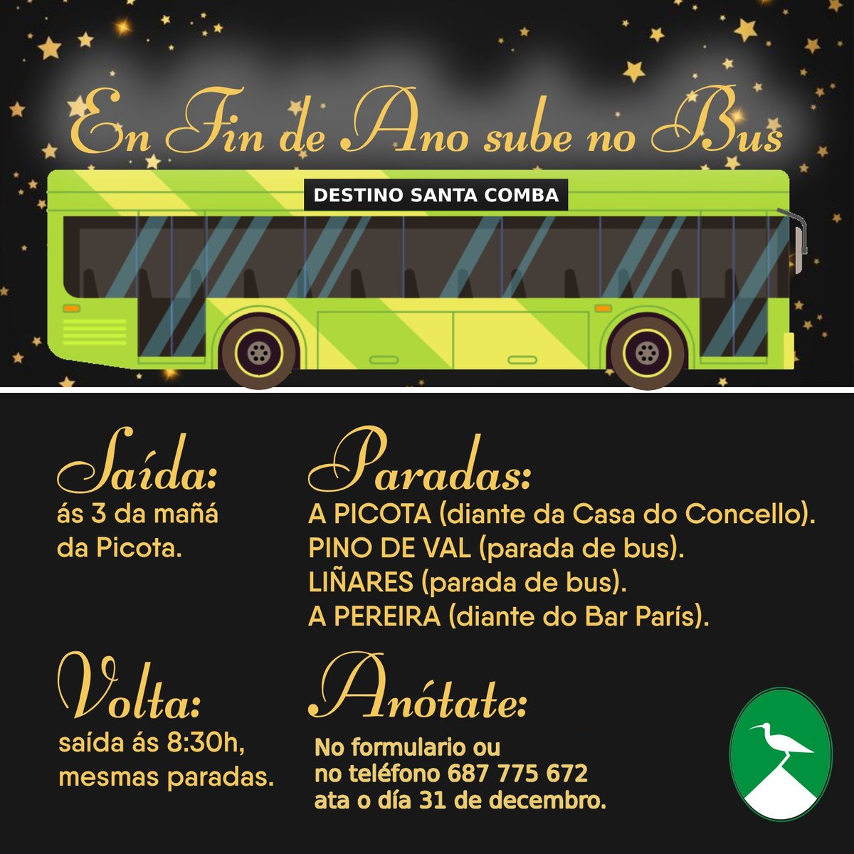 En fin de ano, sube no bus! 🚍

Un ano máis, o Concello pon en marcha un servizo de transporte en bus para as celebracións de fin de ano. 🎉

✍ Inscríbete no teléfono 687775672 ou neste formulario: forms.gle/rKayxVGVXbG5TD…