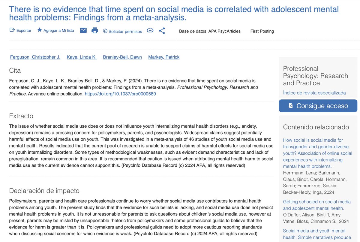 Carlos Magro (@c_magro) on Twitter photo "No hay pruebas de que el tiempo dedicado a las redes sociales esté relacionado con los problemas de salud mental de los adolescentes"
Ferguson, C J; Kaye, L K; Branley-Bell, D; & Markey, P(2024) cc <a href="/CJFerguson1111/">Chris Ferguson</a>
Abro un🧵con algunas de las conclusiones de este meta-análisis "No hay pruebas de que el tiempo dedicado a las redes sociales esté relacionado con los problemas de salud mental de los adolescentes"
Ferguson, C J; Kaye, L K; Branley-Bell, D; & Markey, P(2024) cc <a href="/CJFerguson1111/">Chris Ferguson</a>
Abro un🧵con algunas de las conclusiones de este meta-análisis