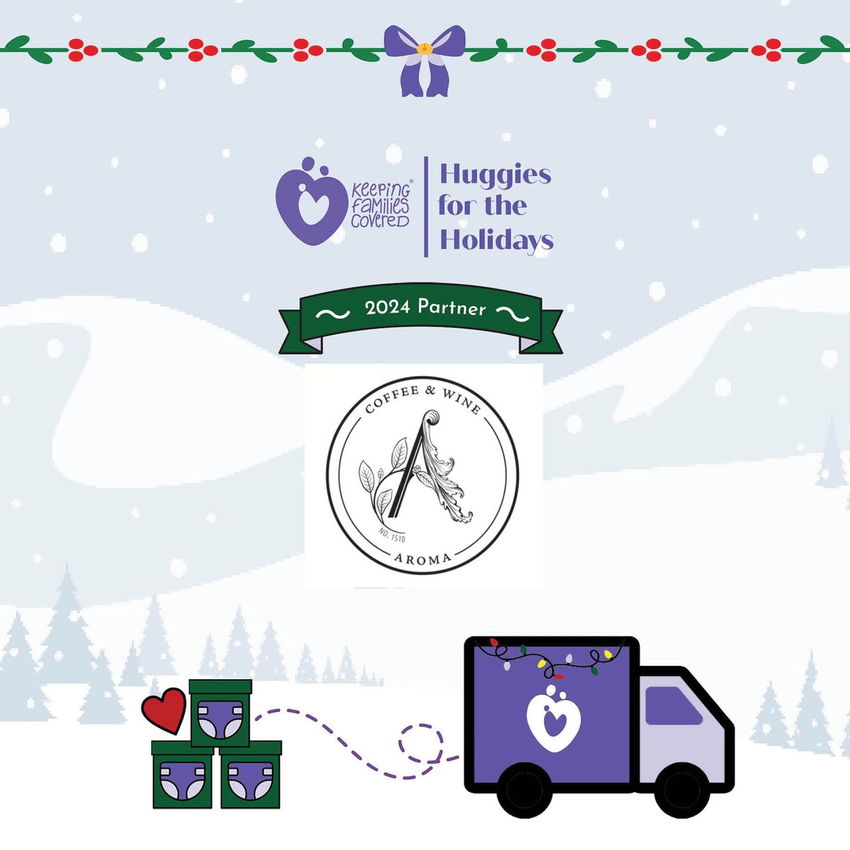 keepingcovered's tweet photo. Huggies for the Holidays Partner Appreciation Post 🎄💜 THANK YOU to AROMA COFFEE AND WINE (CRYSTAL LAKE) who is partnering with us on our mission to #EndDiaperNeed by serving as a local diaper donation drop-off site! 🔗 https://t.co/c8WeIpqBOJ | #donatelocal #localnonprofit https://t.co/hebMjXqNAS