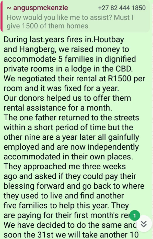 rehomingcarlos's tweet photo. I and others on the WhatsApp group asked him how he assisted those left homeless in Langa as the video doesn't really address what he did in Langa?

HIS RESPONSE. (And I quote): "How would you like me to assist? Must I give 1500 of them homes"
My response: https://t.co/RTwNKZOtKt