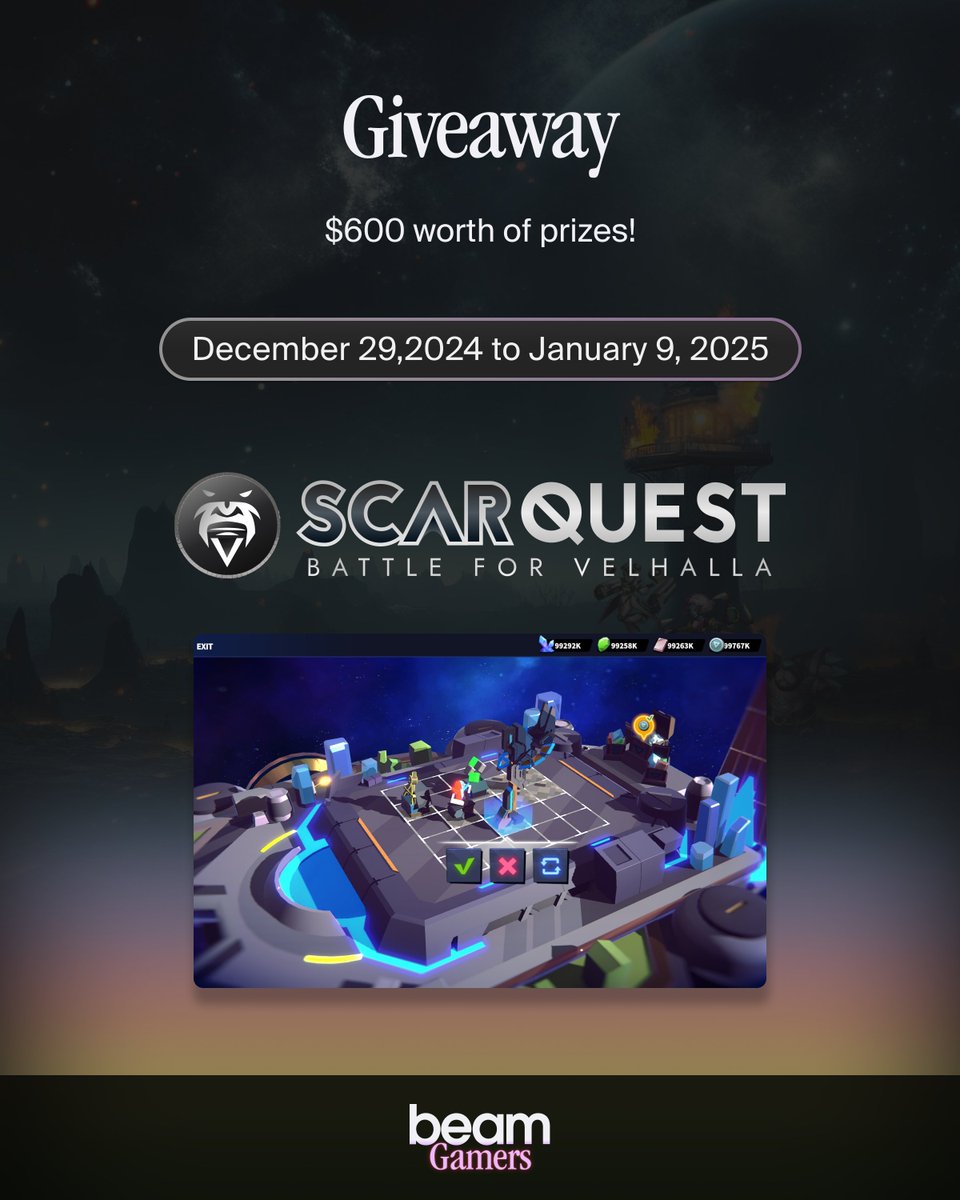 🌌 BeamGamers x ScarQuest Giveaway! 🌌 
🗓️ Dec 29 - Jan 9

Battle for Velhalla in <a href="/ScarQuest/">ScarQuest</a> and claim epic rewards worth over $600!

🚀 HOW TO ENTER:
1️⃣ Register at hub.onbeam.com/rewards/scarqu…

2️⃣ Download ScarQuest and play: bit.ly/4iKwr1Z

Don't miss out!