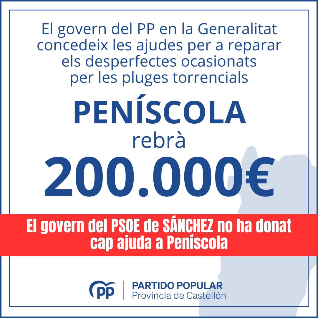 pp_peniscola's tweet photo. PENÍSCOLA REBRÀ 200.000€ ❕
✅El govern del PP en la Generalitat ha concedit les ajudes per a reparar els desperfectes ocasionats per les pluges torrencials https://t.co/6Cjk4z2s0G