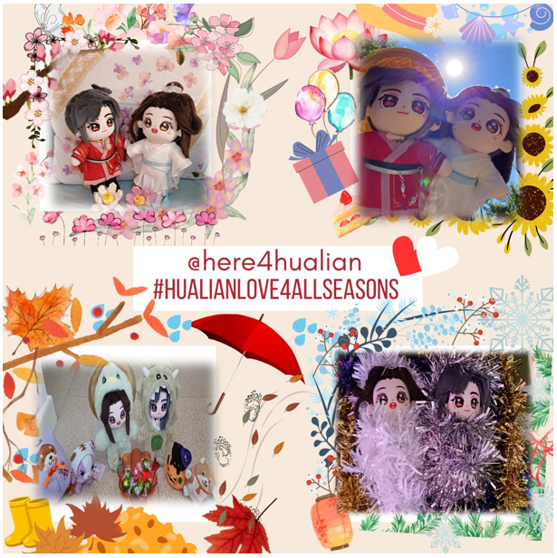 Ahh it was such fun finding the pics for this frame! ^.^ (pretty sure only 1 of these I used for the events haha) 

Spring - first minidoll event pic! 
Summer - I'm still confused we had sun! 
Autumn - Trick or Treat with friends! 
Winter - tinsel babies!
#hualianlove4allseasons