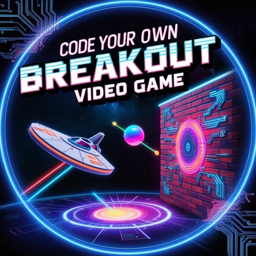101Computing's tweet image. Breakout Game: Use the PyGame library to recreate this retro game of Breakout! - Find out more on: s.mtrbio.com/mjyicqntjr