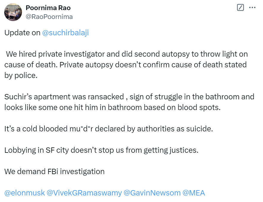 Rahll's tweet photo. The parents of @suchirbalaji, the OpenAI whistleblower, hired a private investigator and did a private autopsy after his sudden, suspicious death.

The findings show a ransacked apartment, signs of struggle, and the new autopsy doesn't agree with 'suicide' as cause of death. https://t.co/OcMwaJmds8