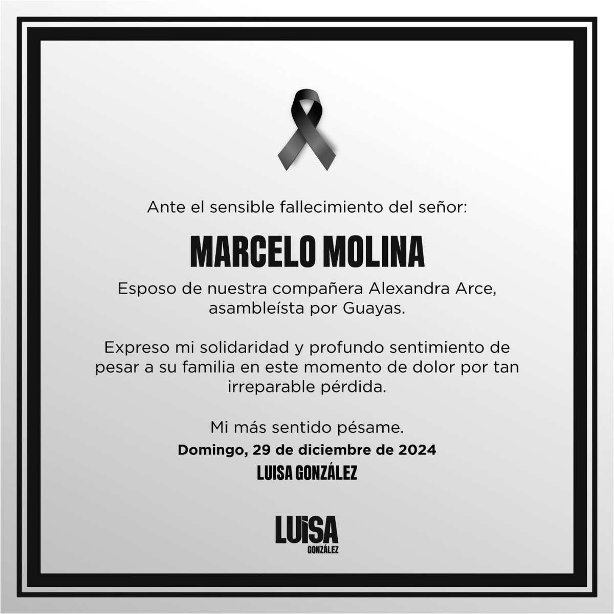 LuisaGonzalezEc's tweet photo. Lamento profundamente el atroz asesinato del esposo de nuestra compañera Alexandra Arce. Este hecho no solo enluta a su familia, sino que evidencia una vez más la dolorosa realidad de un país donde la violencia no tiene límites. Nadie debería vivir con miedo; esto no puede ser normal.

Envío toda mi solidaridad a Alexandra y a su familia en este momento de inmenso dolor. Es urgente que se haga justicia y que los responsables enfrenten todo el peso de la ley.

Mi corazón está con ustedes. Que encuentren fortaleza en el amor de quienes los rodean. 🖤🙏🏻