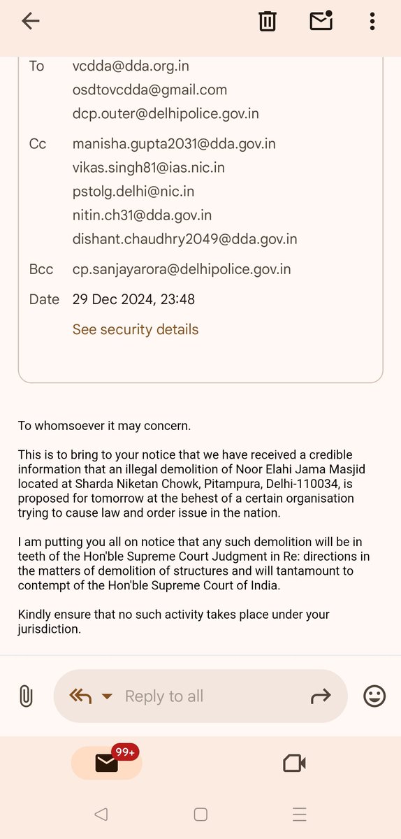 Vakeel_Sb's tweet photo. Recvd credible information about a proposed illegal demolition of Noor Ilahi Mosque in Pitampura tomorrow, with police being assembled. Sent an urgent legal notice to the @LtGovDelhi ,@CPDelhi &amp; authorities, citing SC directives on demolitions. This tweet serves as addl service https://t.co/uTX0HJtElb