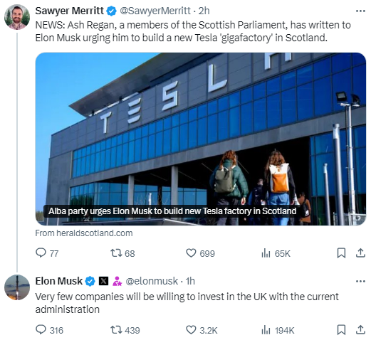 PolitlcsUK's tweet photo. 🚨 NEW: Elon Musk has said "very few companies will be willing to invest in the UK" under Keir Starmer's Government in response to a request to build a new Tesla gigafactory in Scotland https://t.co/BDmojr8tEB