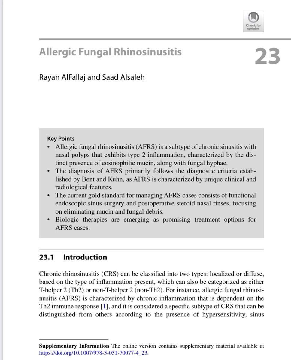 Rayan_alfallaj's tweet photo. I'm excited to announce our contribution of a chapter on allergic fungal rhinosinusitis in the book *Current Rhinology*, which is now published and available online. 

I extend my gratitude to my mentor Prof @drsaadalsaleh , whose exceptional supervision and insights were invaluable. 

Thanks also to the editor, Prof. Samy Elwany, for this opportunity.