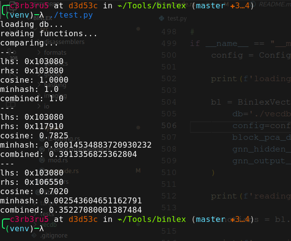 c3rb3ru5d3d53c's tweet photo. 🚀 Using a Graph Neural Network (GNN) to build 4D vectors from function control flow graph structural data, find cosine similarity, then average with minhash similarity. 🎯 The result? Wider hunting matches + more realistic results when combined! 💡✨ #binlex #AI #Cybersecurity https://t.co/4OlC0D7IVu