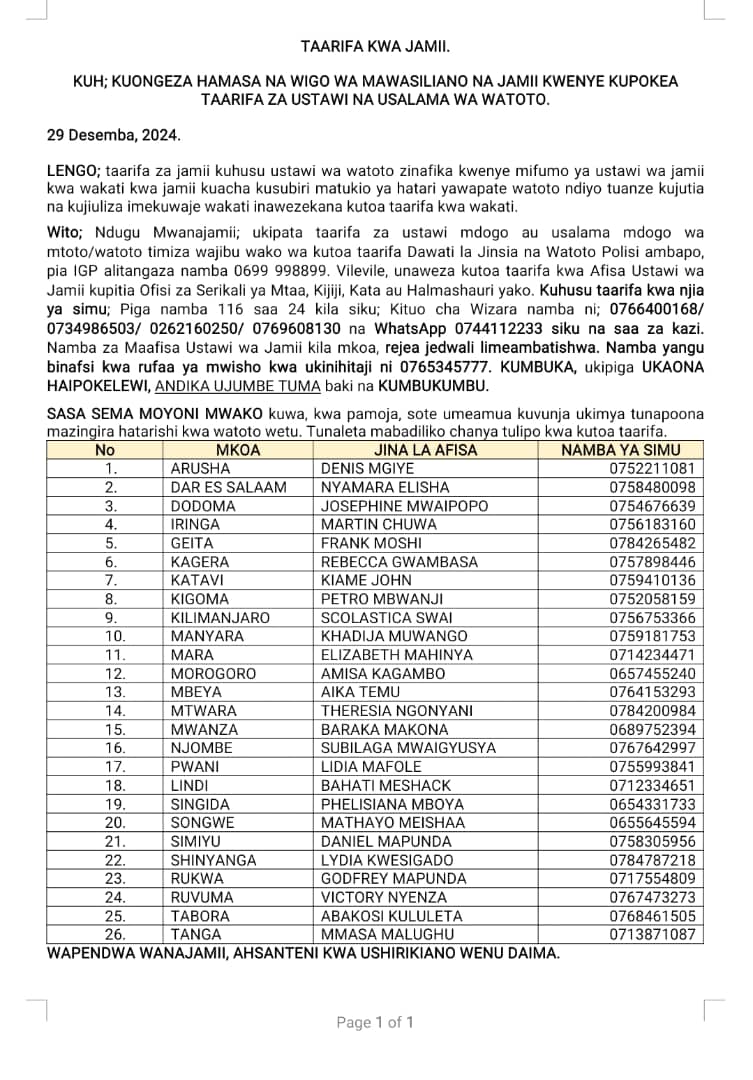 TOLEO LA 2. IMESAHIHISHWA MAKOSA YA UCHAPAJI MANENO TU NA SIYO NAMBA.

TAARIFA KWA JAMII.

Kuna namba za simu za maafisa ustawi wa jamii mikoa yote kwenye jedwali hapo chini. 

LENGO; kuongeza wigo ukaribu na urafiki wa wizara hii na jamii Ili, taarifa za jamii kuhusu ustawi wa