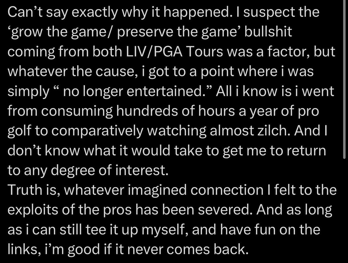 NUCLRGOLF's tweet image. 🚨❌📺 #DECLINING INTEREST — …“I went from watching the Tour every weekend, and the Majors / Ryder Cup / Presidents Cup all week, and tuning into the Golf Channel almost every day, to watching close to zero golf from any source.” (Via @scratchattitude)