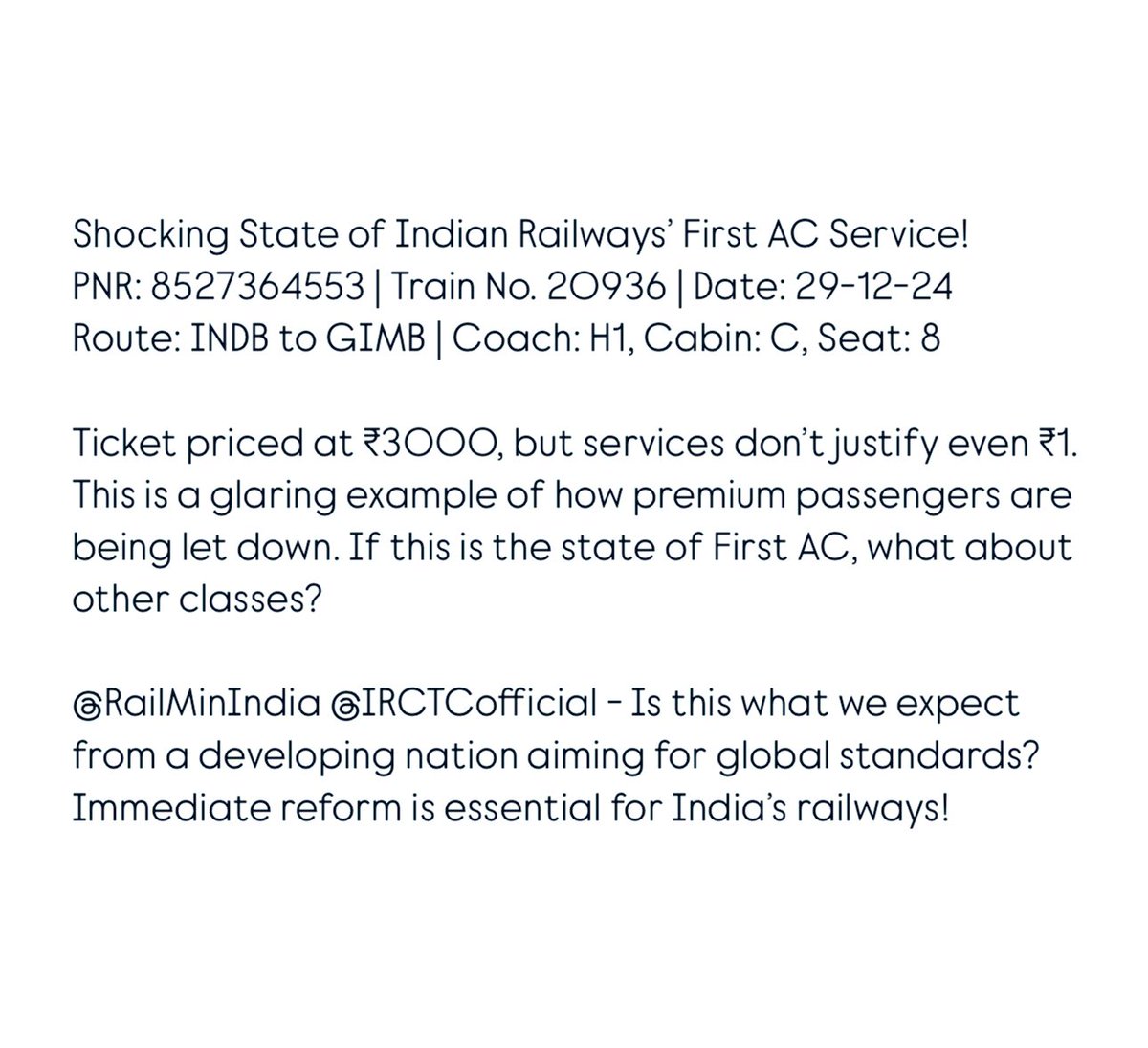 Pranav4510's tweet photo. ₹3000 Ticket, ₹0 Service: The First AC Scam of Indian Railways!!

@RailMinIndia @IRCTCofficial @AshwiniVaishnaw @PMOIndia @BJP4MP https://t.co/9p2DFca7nF