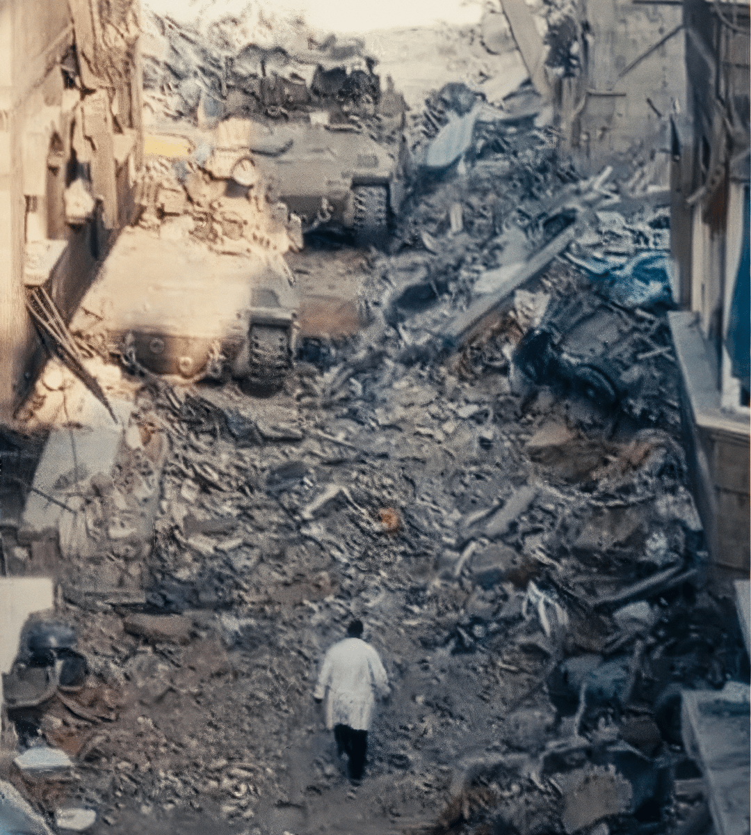 Dr Hussam Abu Saffiya strides in his white lab coat through the wreckage of the Kamal Adwan hospital he ran – the last functioning one in northern Gaza – towards two tanks, their gun-barrels aimed at him. 

It tells the story of the final stages of Israel's genocide in Gaza