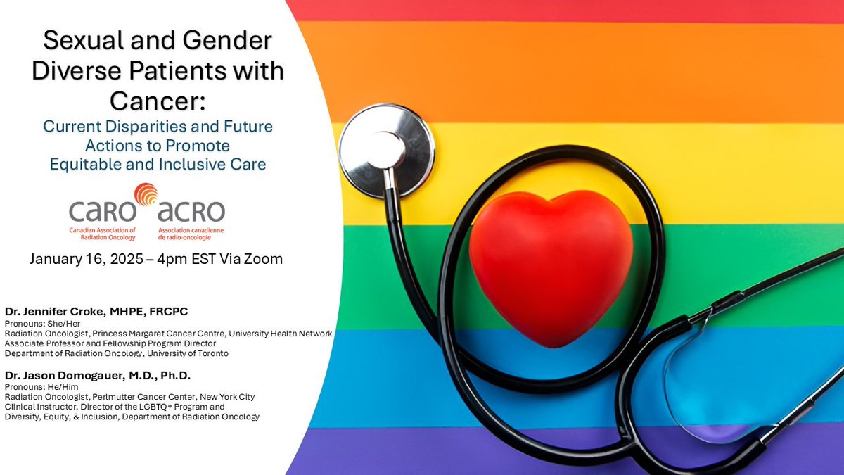 Amykhanda's tweet photo. Please join the CARO Equity, Diversity, Inclusivity and Indigenous Care Committee for our first webinar of 2025: Sexual and Gender Diverse Patients with Cancer: Current Disparities and Future Actions to Promote Equitable and Inclusive Care - January 16, 2025 at 4pm EST Via Zoom https://t.co/5Pvpidj8cg