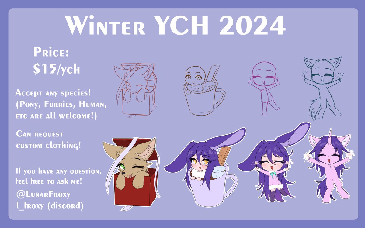 LunarFroxy's tweet image. Winter YCH is here, a bit late because of super hectic month, but I think I manage to refine my chibi style a bit more

If you have any question do let me know! retweets are really appreciated, thank you!