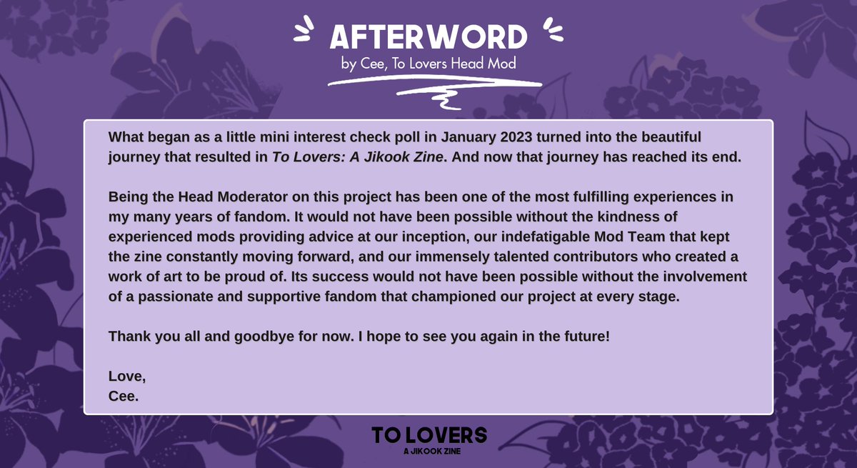 Just like that, To Lovers Zine has ended! ✨

Thanks to our contributors hard work and the fandom's support, we were able to successfully donate $853.97 to charity! 🥹

Here's donation proof, our financial summary and some final words from our Head Mod. See you next time! 🐰🐥