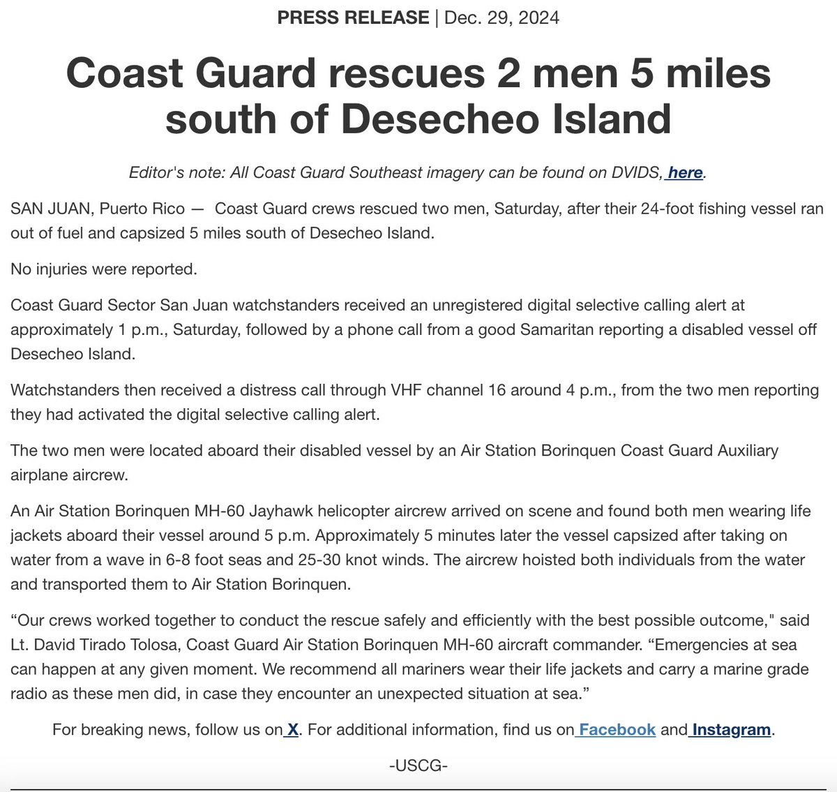 USCGSoutheast's tweet image. 🛟🌊Coast Guard rescues 2 men 5 miles south of Desecheo Island

📰: news.uscg.mil/Press-Releases…

#SAR #USCG #GoCoastGuard #PuertoRico #Rescue