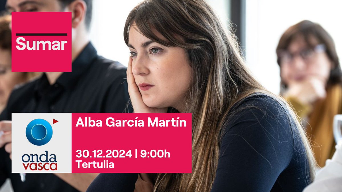 📻 <a href="/alba_garcia_m/">Alba García Martín</a> participa en la tertulia de <a href="/ondavasca/">Onda Vasca</a> a partir de las 9:00h.

Puedes escucharla a través de este enlace 👉🏽sumar.ink/3xGWUdM