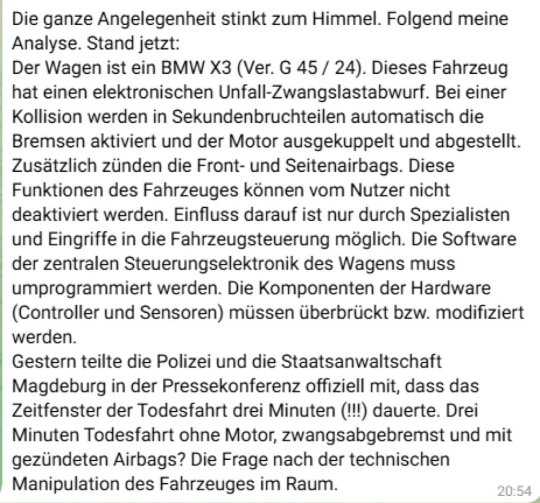 Aktuell wird der Screenshot eines "Insiders" geteilt, der im Bezug zu der schrecklichen Tat in #Magdeburg eine "Manipulation" des Mietwagens welchen der Täter nutze wittert, weil der "elektronische Unfall-Zwangslastabwurf" nicht ausgelöst hätte

Dazu ein paar Worte von mir:

1/21