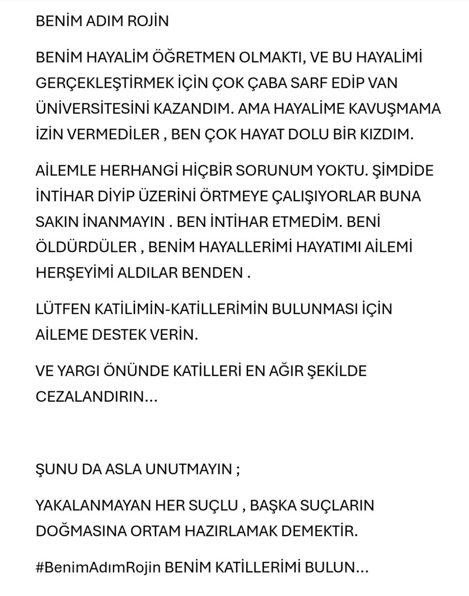 Ben Rojin Kabaiş Benim Adaletim İçin Bir Twitte Sen Atar Mısın?
#RojineSesOl