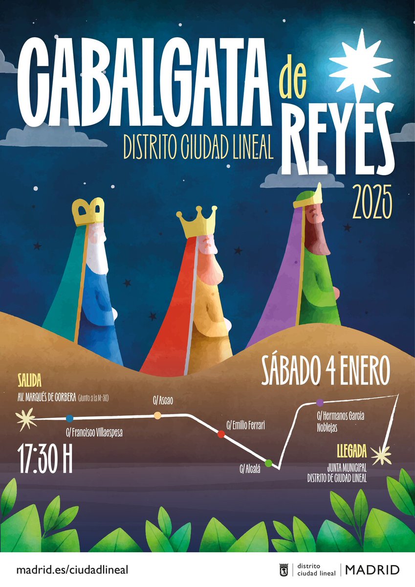 JMDCiudadLineal's tweet image. 👑 ¡La magia de los Reyes Magos llega a Ciudad Lineal! El sábado 4 de enero vienen a visitarnos en la #Cabalgata:

🐪Salida: 17:30 h, Avda. Marqués de Corbera (junto al puente de la M-30)
🐪Llegada: C/ Hermanos García Noblejas, 16 

👉informate.madrid.es/qk5je2

¡No te la pierdas!