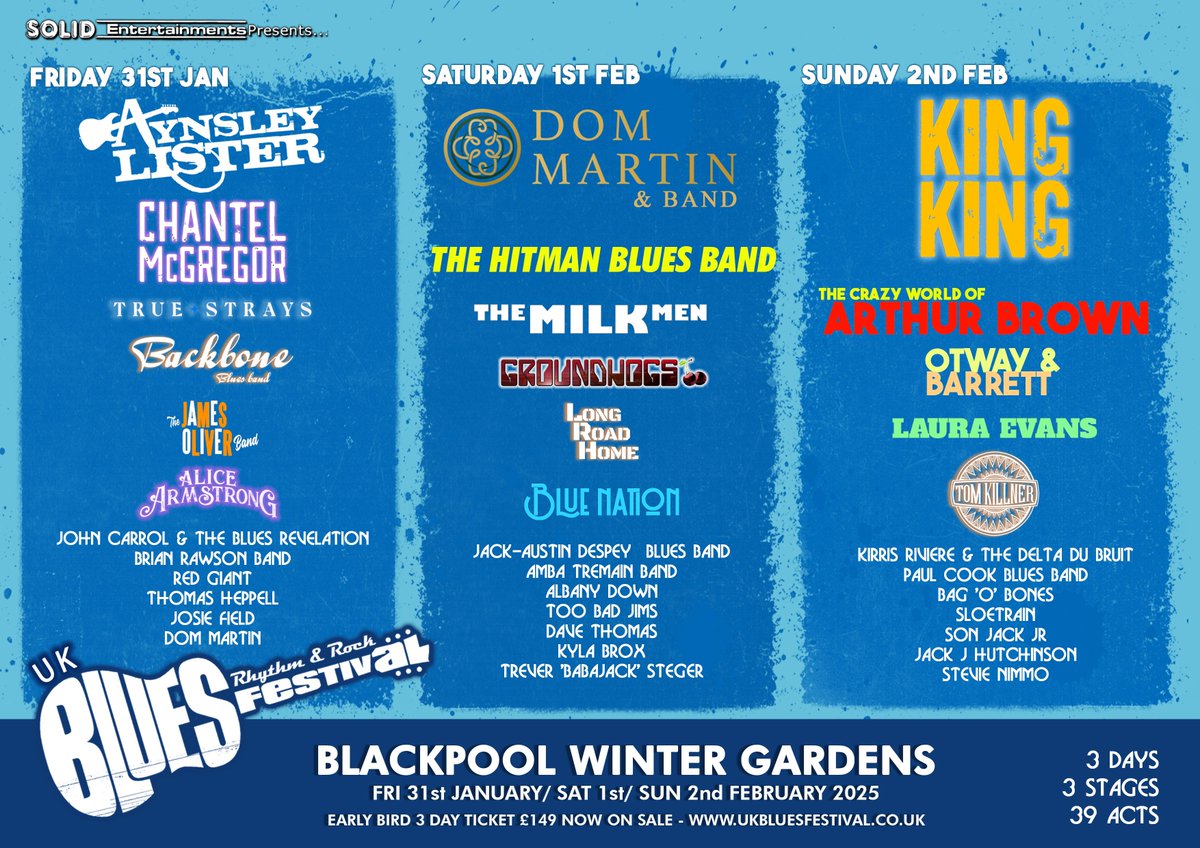 Blues, Rhythm and Rock Festival taking place at the iconic Winter Gardens Blackpool  ! From 31st January to 2nd February 

solidentertainments.com/blues/uk/ticke…

#BluesRhythmRockFestival #WinterGardens #Blackpool #LiveMusic #bluesmatters #wintergardensblackpool #bluesrock #bluesinbritain