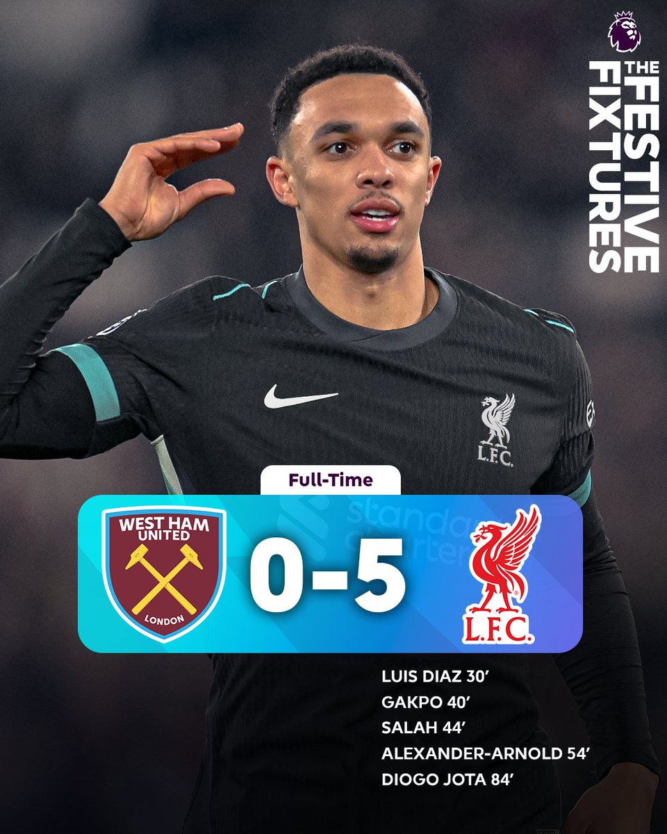 premierleague's tweet photo. ⭐️ @LFC score five at the London Stadium and currently sit eight points clear at the top of the Premier League table! 

#WHULIV https://t.co/vxV11lscUx