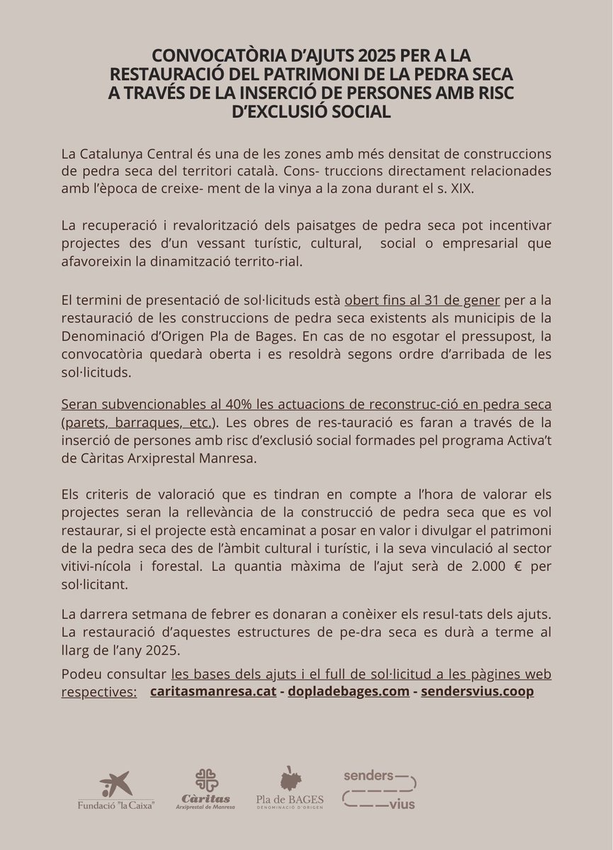 Recuperem la pedra seca a través de la reinserció sociolaboral🔁

Junt amb <a href="/FundlaCaixaCAT/">Fundació ”la Caixa”</a> Càritas Manresa i Senders Vius, hem impulsat un programa que subvenciona fins el 40% de restauració de patrimoni de pedra seca

El període de presentació de sol·licituds per a la