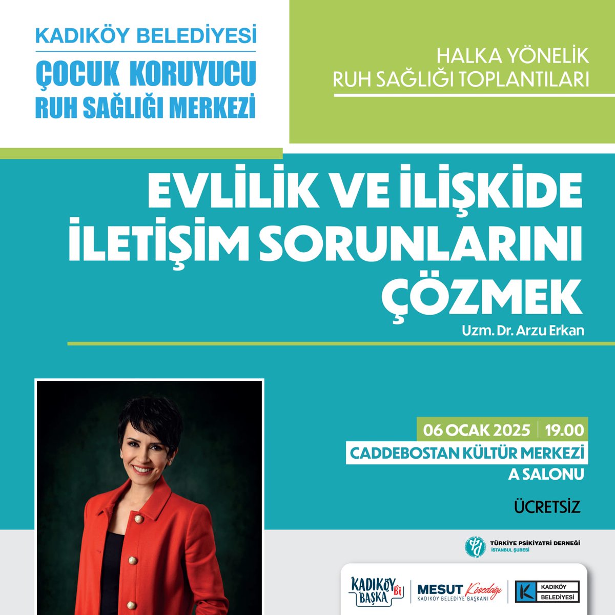 Caddebostan Kültür Merkezi'nde toplantılarımıza devam ediyoruz! 6 Ocak günü 19.00'da "Evlilik ve İlişkide İletişim Sorunlarını Çözmek" başlığını Uzm. Dr. Arzu Erkan ile konuşacağız. Herkesi beraber tartışmaya bekliyoruz.