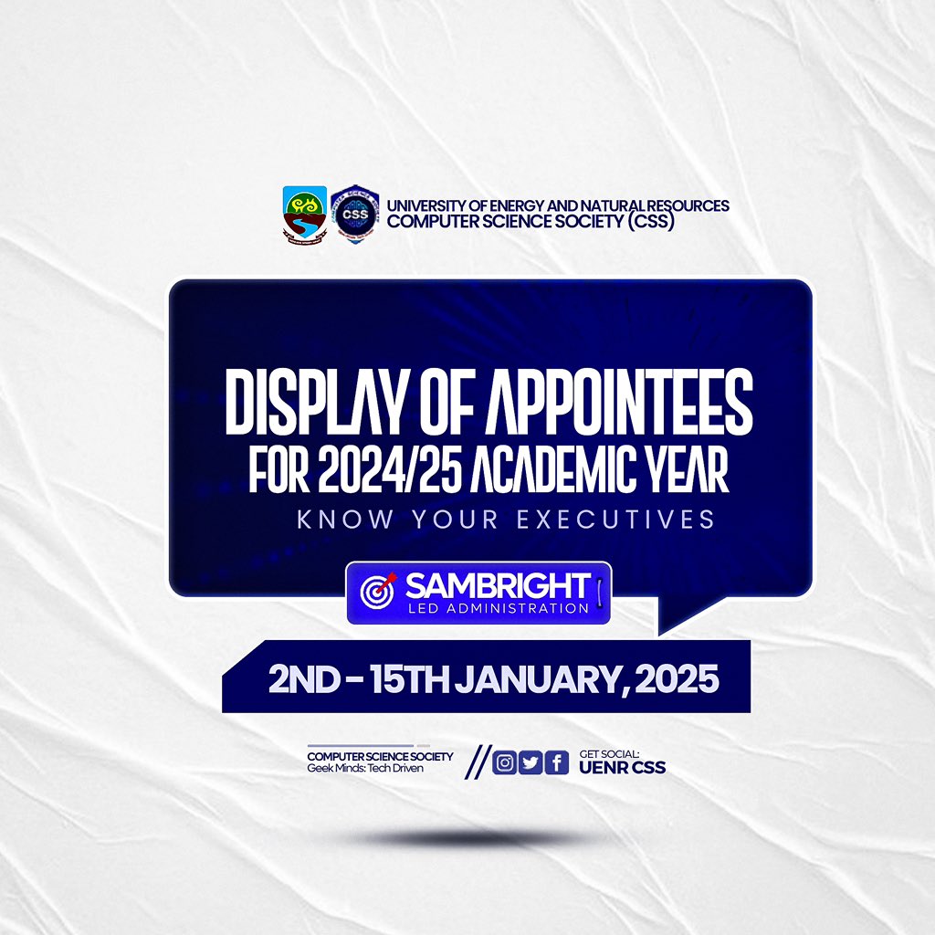uenr_css's tweet photo. Anticipate Excellence πππππππππ
The much-awaited display of appointees under the Sambright-Led Administration is here! π
.
.
#uenr #uenrcss #uenrfilla #computerscience #cssuenr #css #voiceofuenr #sunyani #weblockdaniels https://t.co/XEVLfTkUSQ