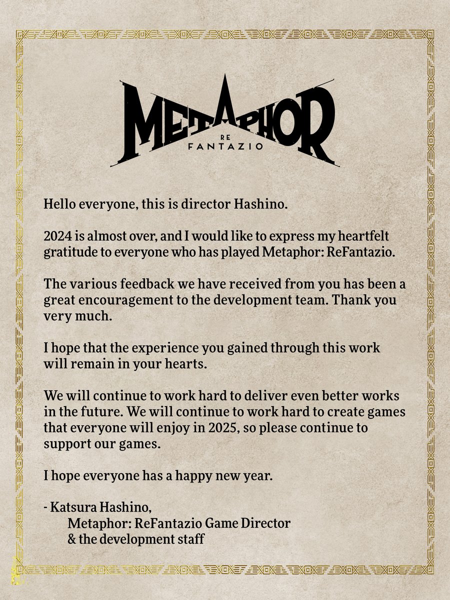We’re ending 2024 on a high note. ✨

Enjoy this message from Metaphor: ReFantazio’s Game Director, Katsura Hashino!