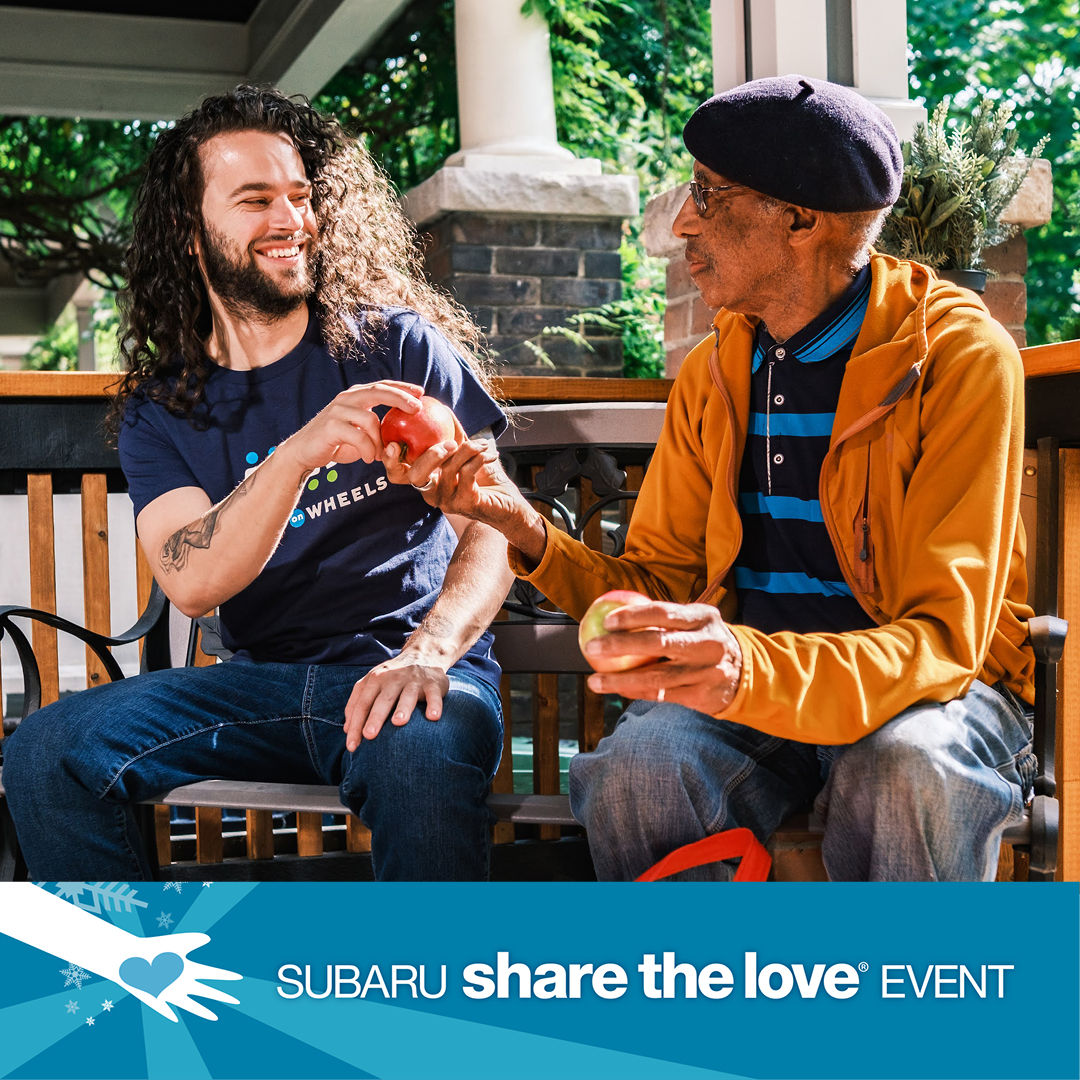 In search of a new car?  Purchase or lease a Subaru between now and January 2 and share the love to help ensure seniors, like [client name], receive the nutrition and daily visits they need. Learn how you can at mealsonwheelsamerica.org/sharethelove #ShareTheLove #MealsOnWheels