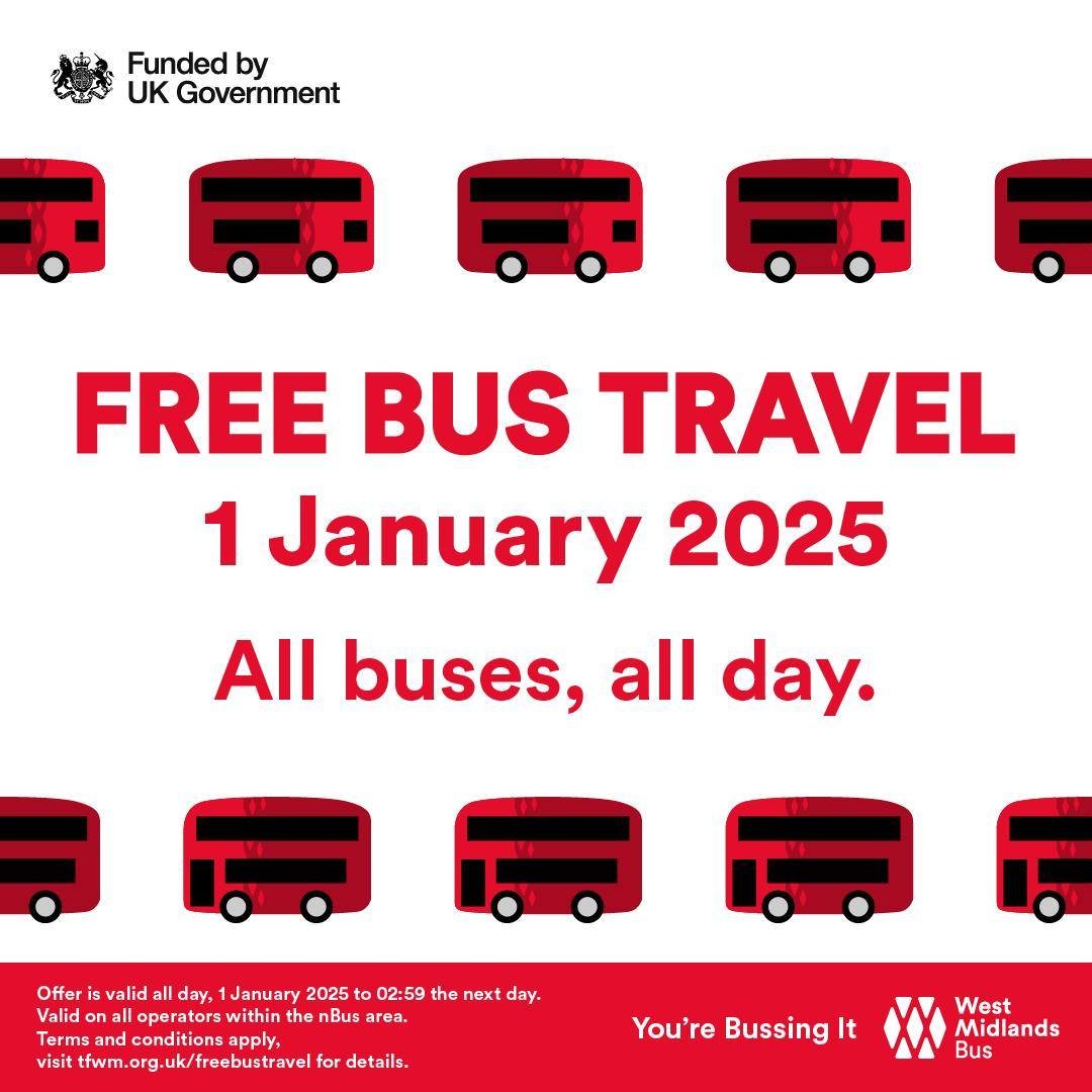 Free bus travel on New Year's Day!
Richard Parker has announced that all bus journeys in the West Midlands will be free on New Year's Day.
Find out more: bit.ly/3ZMkyA4
#RichardParker #Buses #FreeBusTravel #NationalExpress #WestMidlands