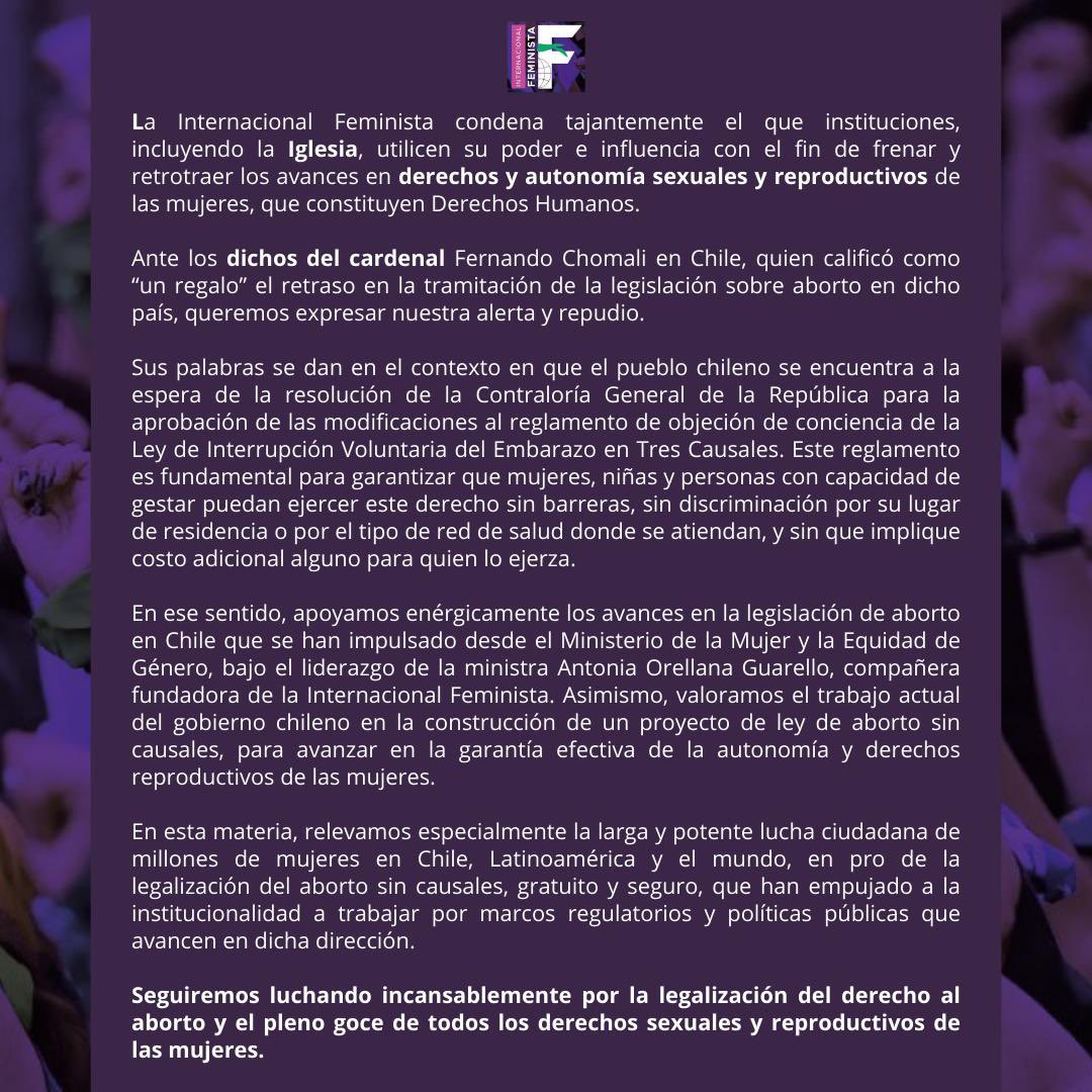 Condenamos tajantemente el que instituciones-incluyendo la Iglesia-utilicen su influencia para frenar avances en derechos y autonomía sexuales y reproductivos de las mujeres, q son DDHH. Seguimos luchando x la legalización del derecho a aborto  en toda Latinoamérica+el mundo🌎✊🏽