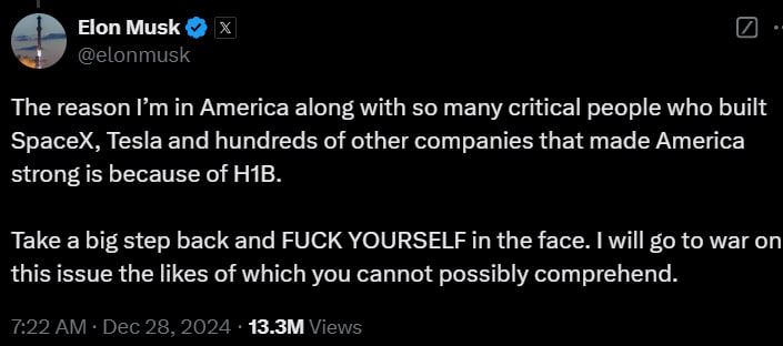 RT_com's tweet photo. X CEO Elon Musk says social media platform needs more "positive, beautiful" and "informative" content

...says the guy who said yesterday those against his support of H1B immigrant visas to replace American workers in tech sector to "FUCK YOURSELF in the face" https://t.co/9DfHoDNAal