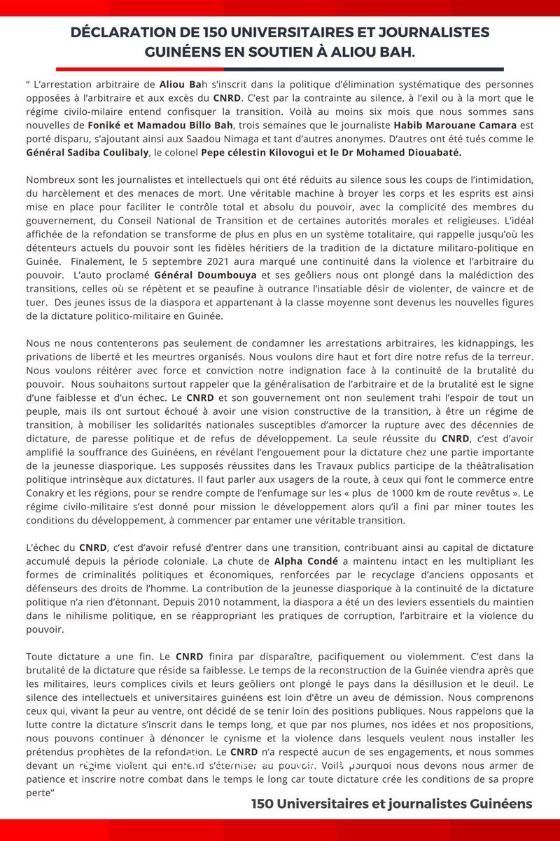 Déclaration de 150 journalistes et universitaires suite à l’arrestation de M. Aliou Bah  ⬇️

#LiberezAliouBah
#FreeAliouBah