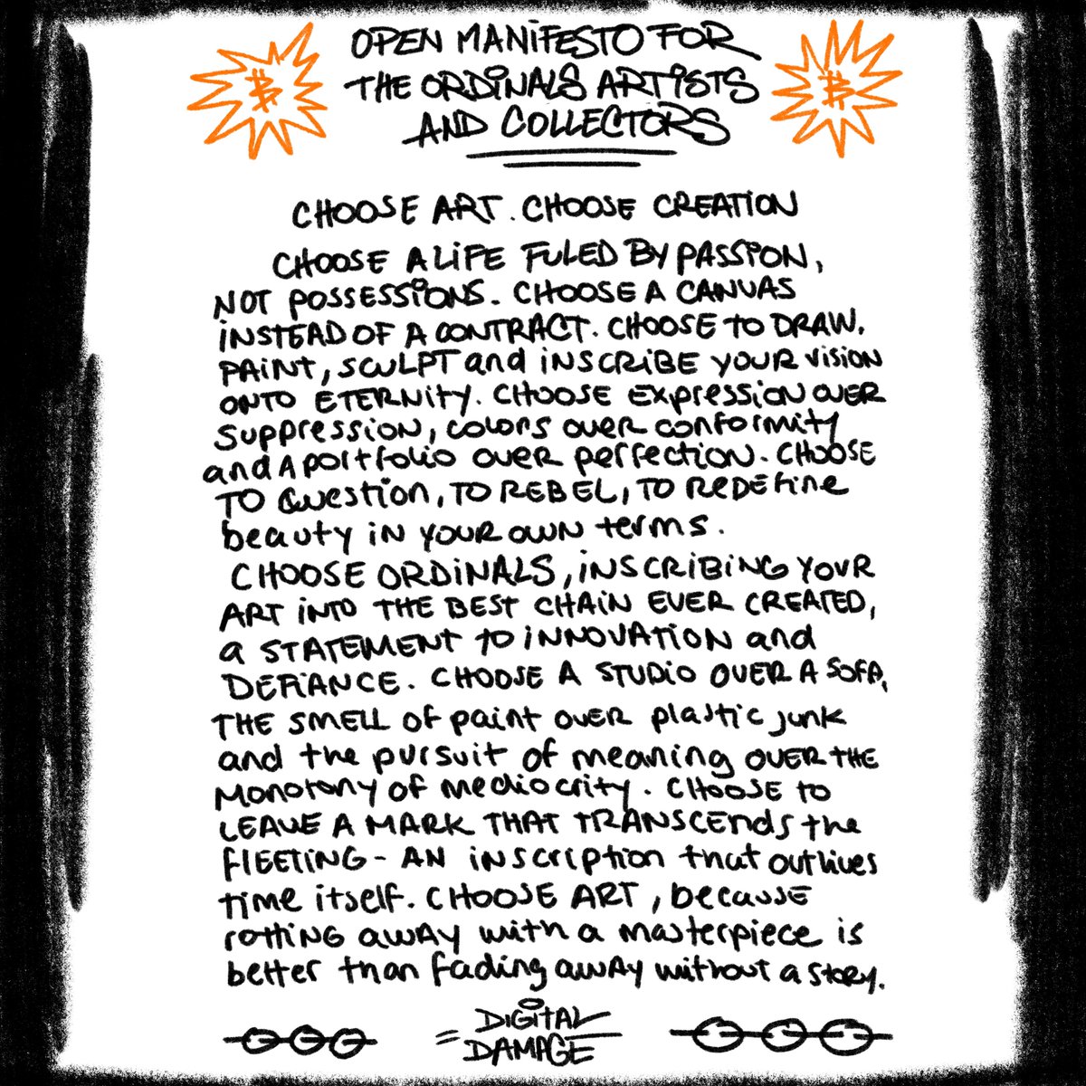 digitaldamaged's tweet photo. Manifesto that I wrote for the entire community of ordinals (collectors and artists) 

I was watching trainspotting the other night after many years and I was inspired to write this

If you feel identified with this feel free to share it. 

Choose art because ART FCKN MATTERS https://t.co/JDUpze5YoU