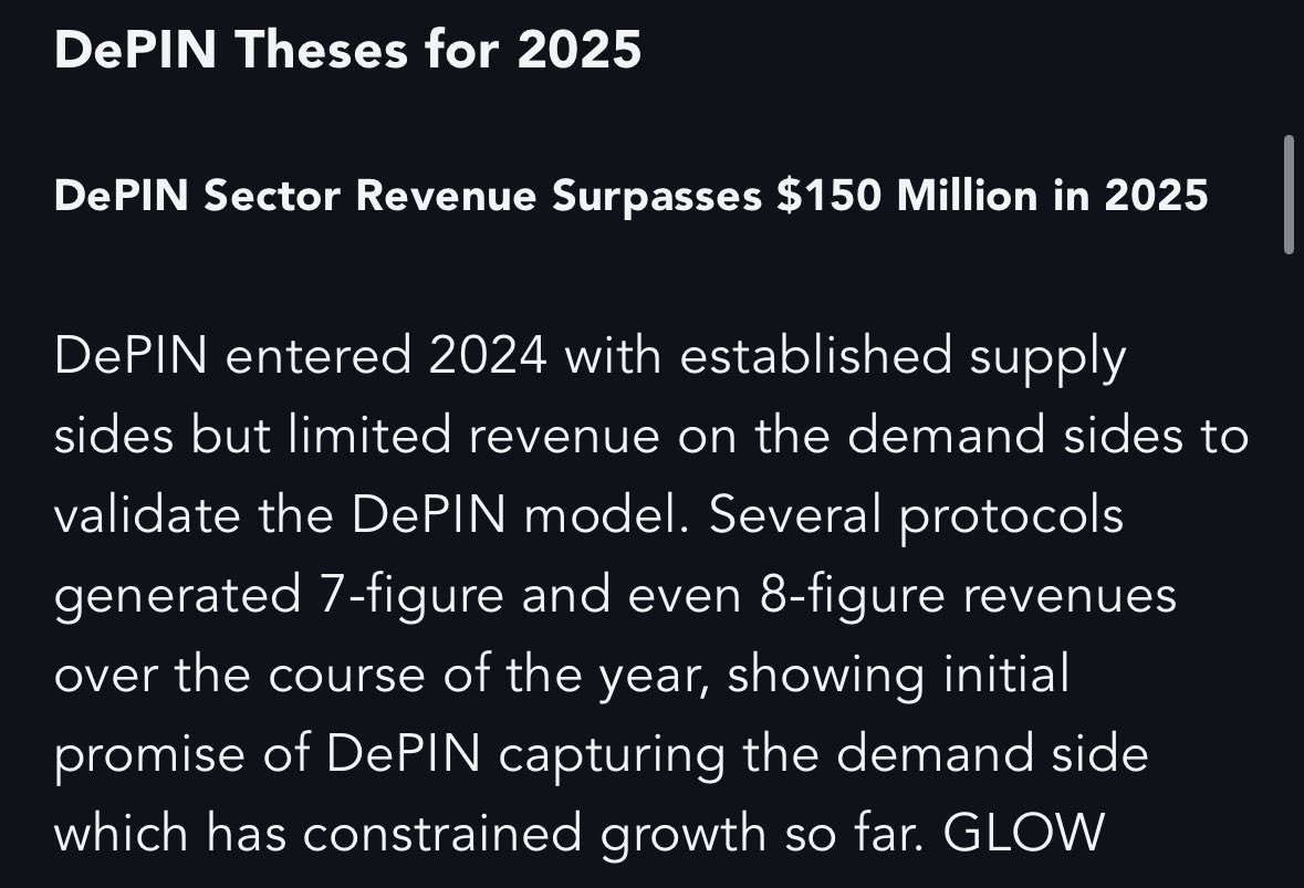 dylangbane's tweet photo. In the @MessariCrypto Theses we predict that DePIN sector revenue surpasses $150 million next year. 

2024 was DePIN’s breakthrough year in capturing the demand side. 

In 2025 DePIN takes the world by storm. https://t.co/xu4zZ9BK9o