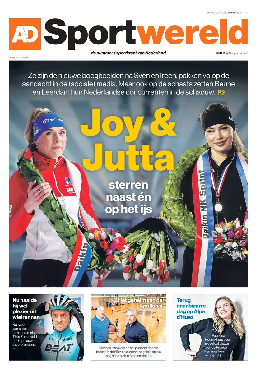 De cover van AD Sportwereld van maandag 30 december. Daarin aandacht voor Joy Beune en Jutta Leerdam, sterren naast én op het ijs. Verder op zoek naar het geheim van de Apollohal in Amsterdam en Pauliena Rooijakkers die terugblikt op de Tour de France Femmes
