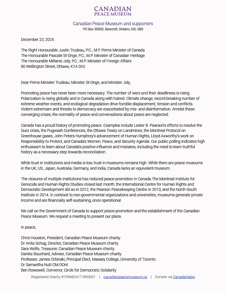 Our open letter to <a href="/JustinTrudeau/">Justin Trudeau</a>, <a href="/PascaleStOnge_/">Pascale St-Onge</a> and <a href="/melaniejoly/">Mélanie Joly</a> calls for more investment in peace promotion and requests a meeting to discuss our plans to launch the Canadian Peace Museum.