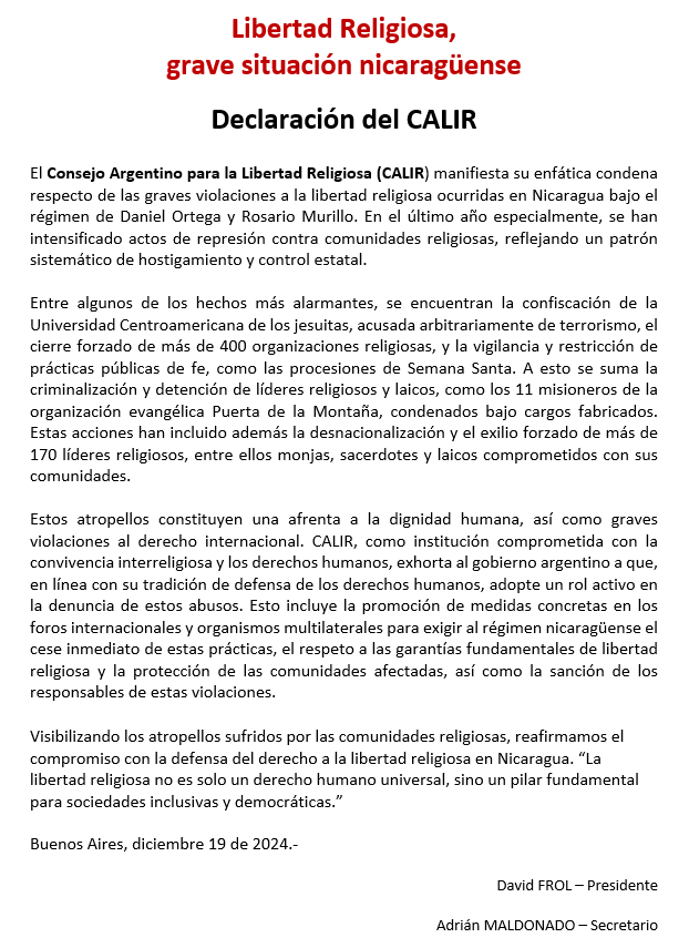 Libertad Religiosa: grave situación en Nicaragua. Declaración del CALIR (19 de diciembre de 2024)