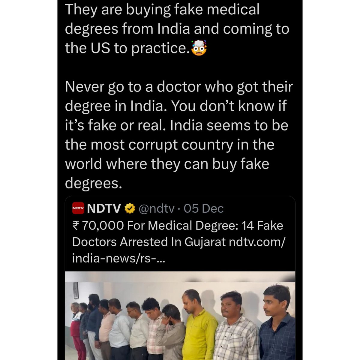 dr_kamal10's tweet photo. How can some one post like this? I'm not Indian but I don't agree with this person. If you want to work in the US you have to pass USMLE Exam which can not be passed with fake degrees ( I mean without enough medical studies). https://t.co/5SvLn1ling