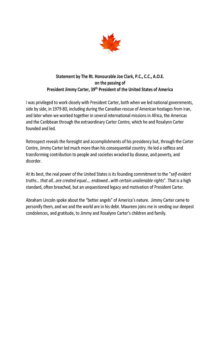 Rt. Hon. Joe Clark (@rthonjoeclark) on Twitter photo Maureen and I are deeply saddened to learn of the passing of President Jimmy Carter - my full statement is below. Maureen and I are deeply saddened to learn of the passing of President Jimmy Carter - my full statement is below.