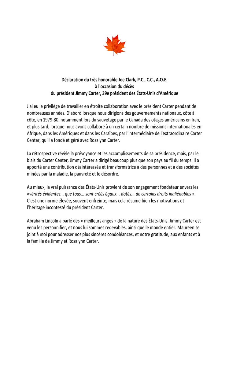 Rt. Hon. Joe Clark (@rthonjoeclark) on Twitter photo Maureen et moi sommes profondément attristés d'apprendre le décès du président Jimmy Carter - ma déclaration complète se trouve ci-dessous. Maureen et moi sommes profondément attristés d'apprendre le décès du président Jimmy Carter - ma déclaration complète se trouve ci-dessous.