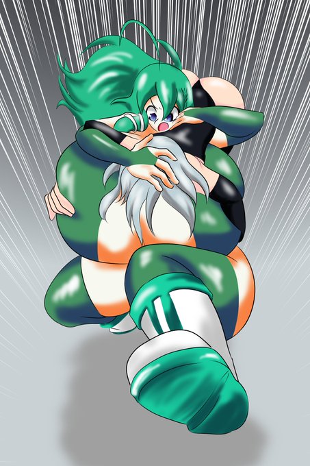 グロッキーな夜凪選手の身体を……乳に埋めた頭を起点にぐるりと180度回した体勢!これは……決まったぁー!!渾身の雪崩落としが炸裂!!特大の雪山2つが夜凪選手をマットへ沈めます!
爆乳に押し潰されお尻を無様に晒す夜凪選手、起き上がれません!決着ぅーっ!! 