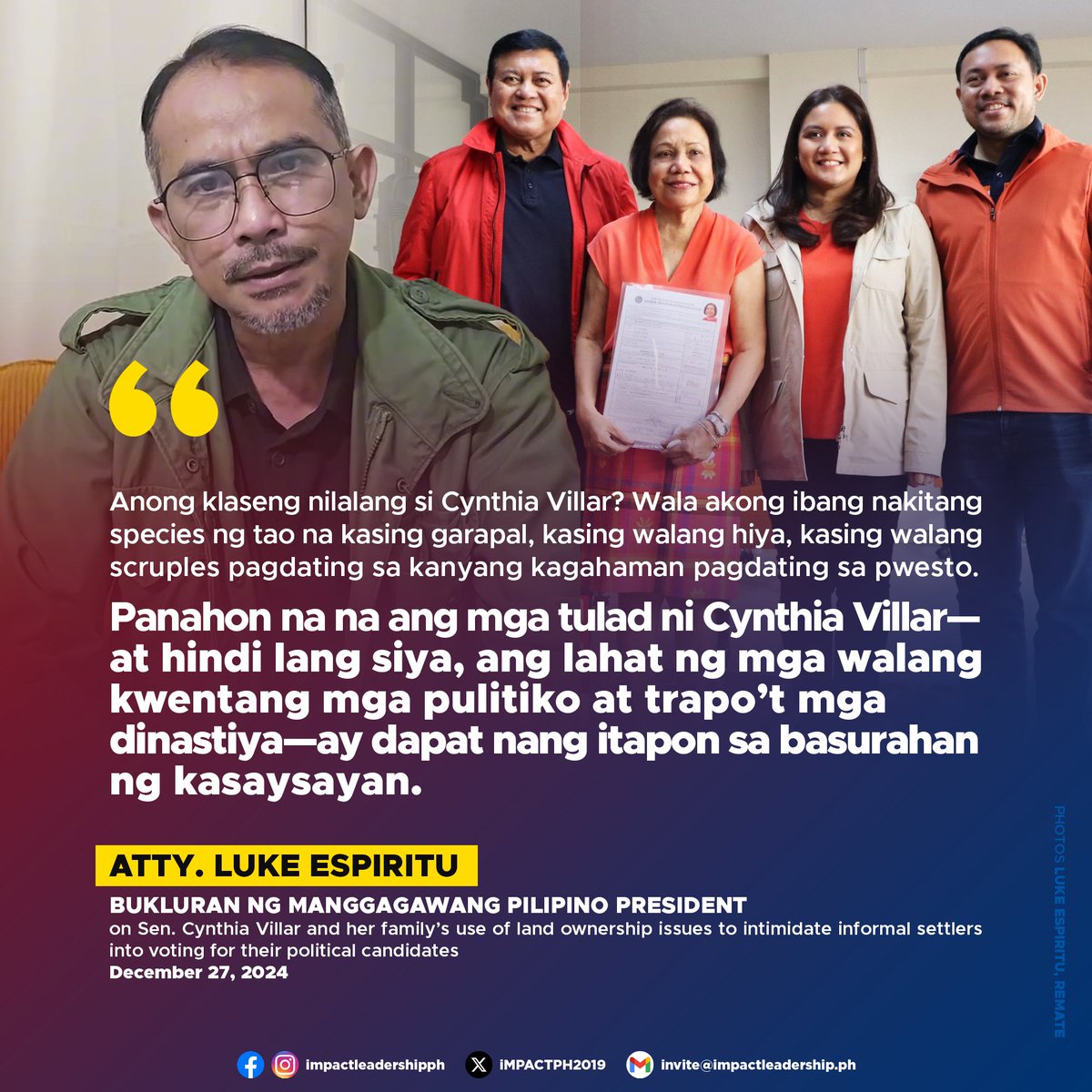 'DAPAT NANG ITAPON SA BASURAHAN NG KASAYSAYAN'

Labor leader and lawyer Atty. Luke Espiritu unleashed a scathing criticism against Sen. Cynthia Villar over her and her family's use of land ownership issues to intimidate informal settlers into voting for their political