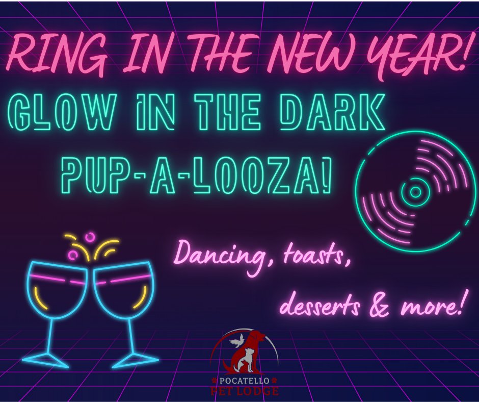 PocatelloPet's tweet photo. 🎉🐾 Glow in the Dark New Year’s Party! 🐶💡 Have your pup ring in 2025 during their stay with us for just $15 per pup! Tail-wagging fun, glowing vibes, dancing, and plenty of treats await for a pawsitively bright start to the new year! 🥳✨ #GlowParty #HappyNewYear https://t.co/UE6VLGIlJK