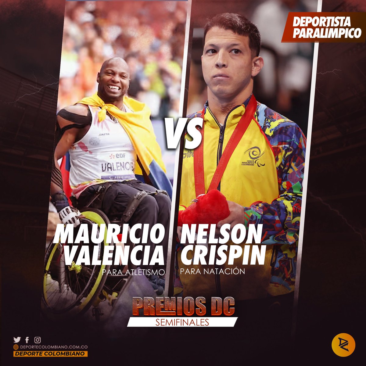 DeportColombia's tweet photo. SemiFinal: Mauricio Valencia 🆚 Nelson Cripsín
🏃🏽♂️ Mauricio Valencia - Oro y Plata Juegos Paralímpicos
🏊🏼 Nelson Crispín - Triple Plata Juegos Paralímpicos
Vota por tu favorito en la encuesta abajo 🗳️⬇️
#PremiosDC | Deportista Paralímpico Masculino 2024 💍