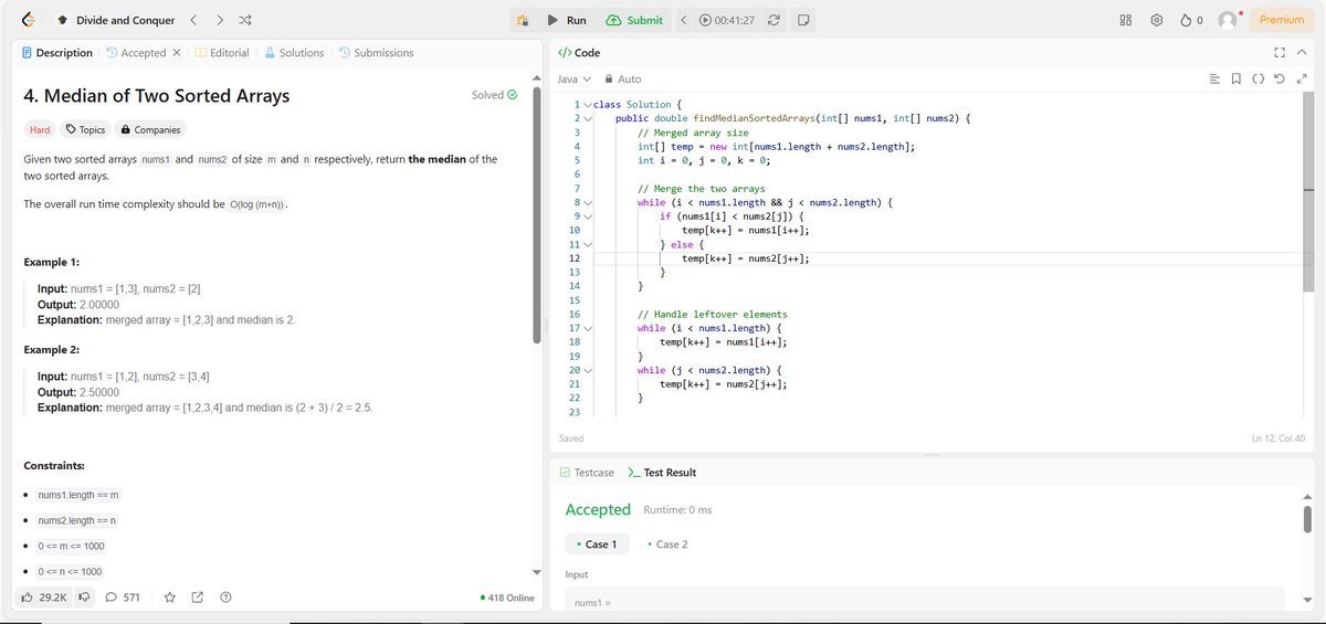 Priya_Chauhan05's tweet image. ✨This is day 70/100 #javaDSA🚀
Day started with Full Stack Project which I had started few months ago due to EndSem exams it was on hold now trying to complete it within mid of January.
✔Median of two sorted array(Hard)
Used Merge Sort approach and it took approx 40min